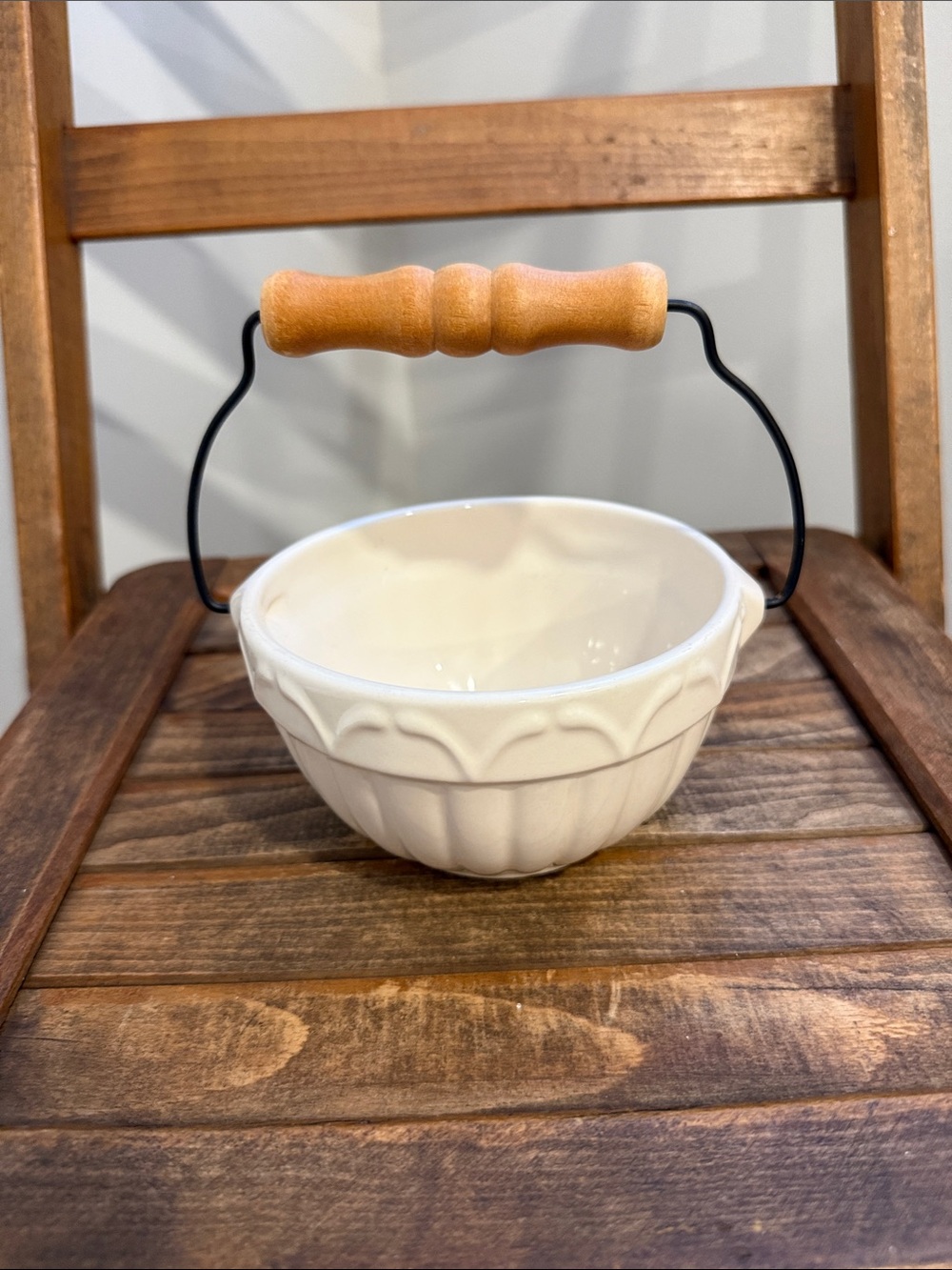 Vintage 2001 A Special Place Small Ceramic Bowl Wood Handle Rustic Cottage Decor